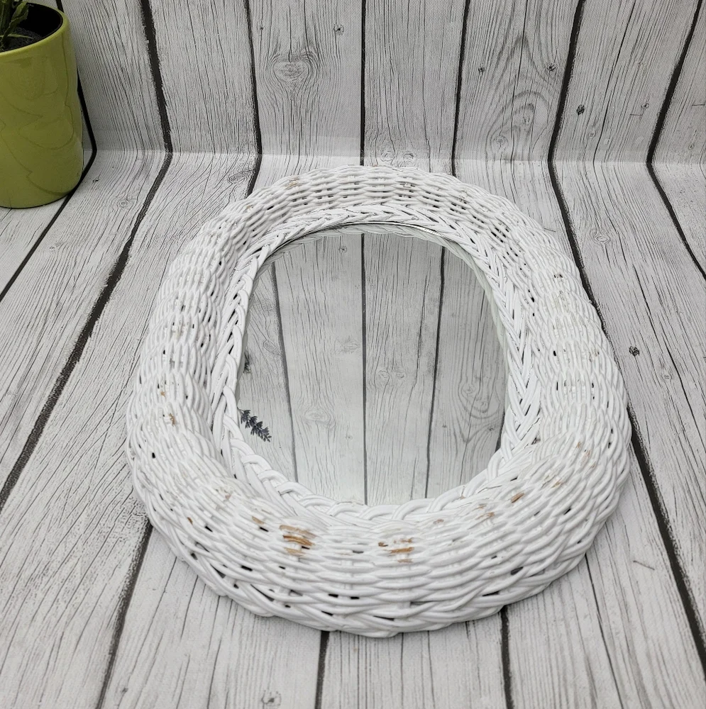 Vintage Distressed Oval White Wicker Mirror